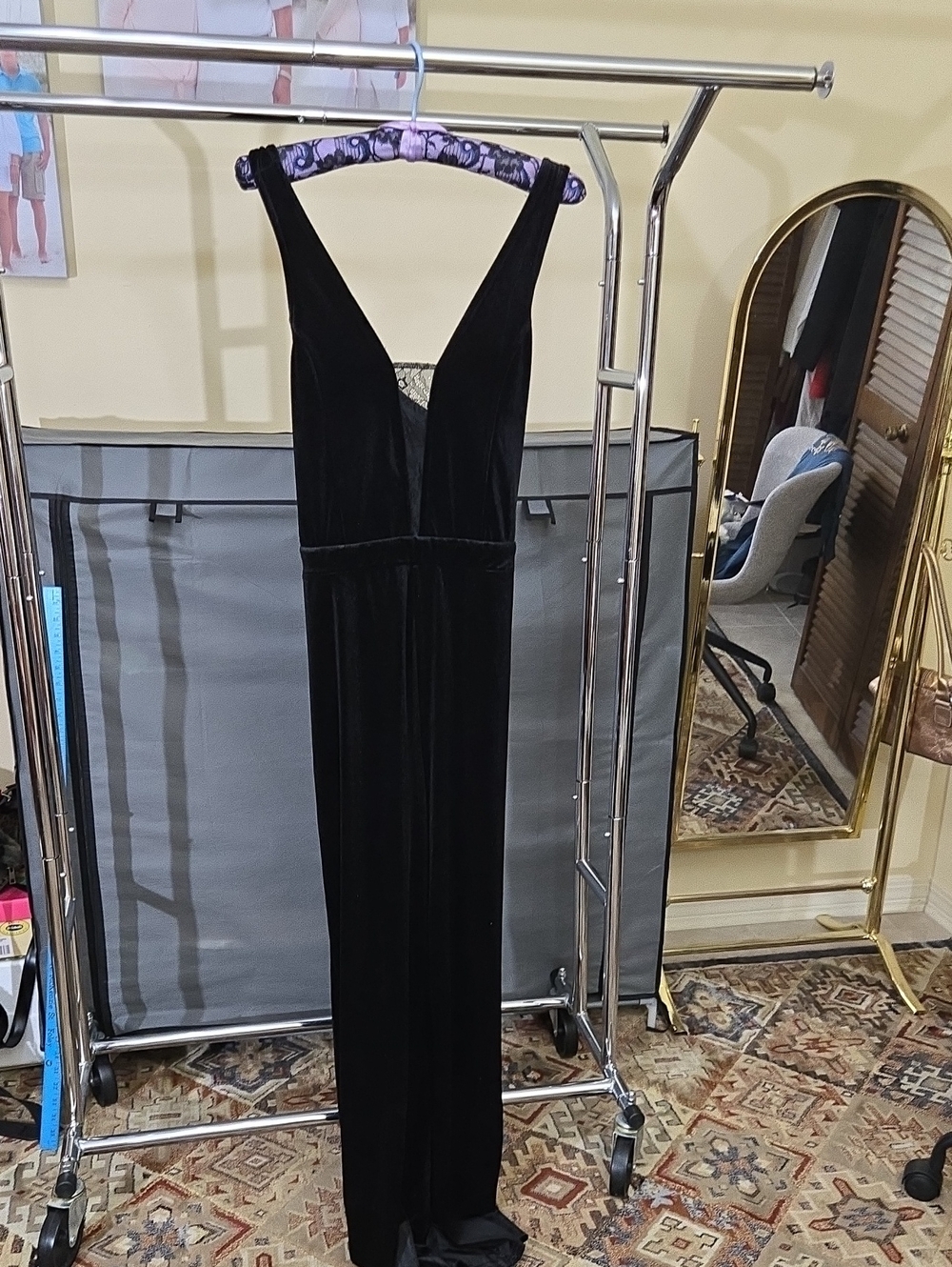 Romeo & Juliet Couture Black Velvet V-Neck JUMPSUIT